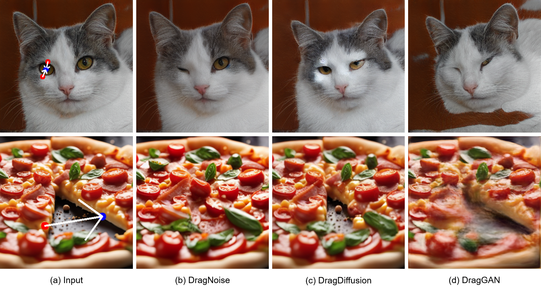 DragNoise point-based image editing results compared with DragDiffusion and DragGAN